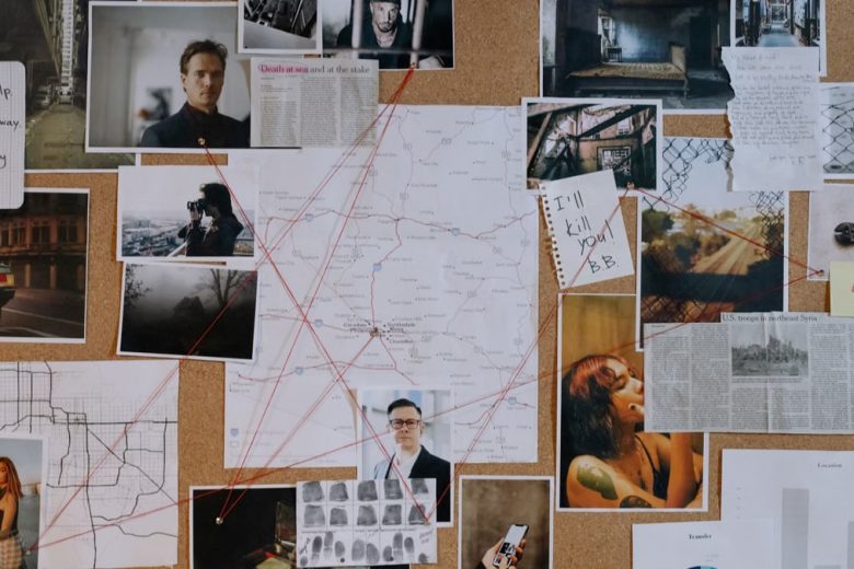 A detailed crime investigation board filled with photos, maps, and red strings connecting clues and evidence.